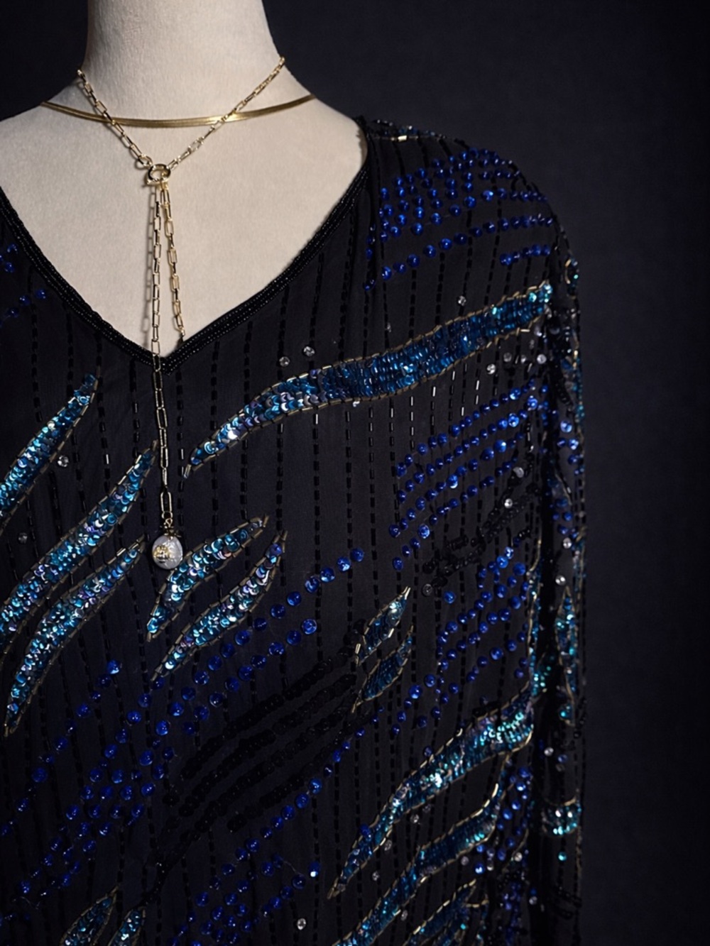Vintage Beaded Sequin Midi Dress Sheer Sleeve